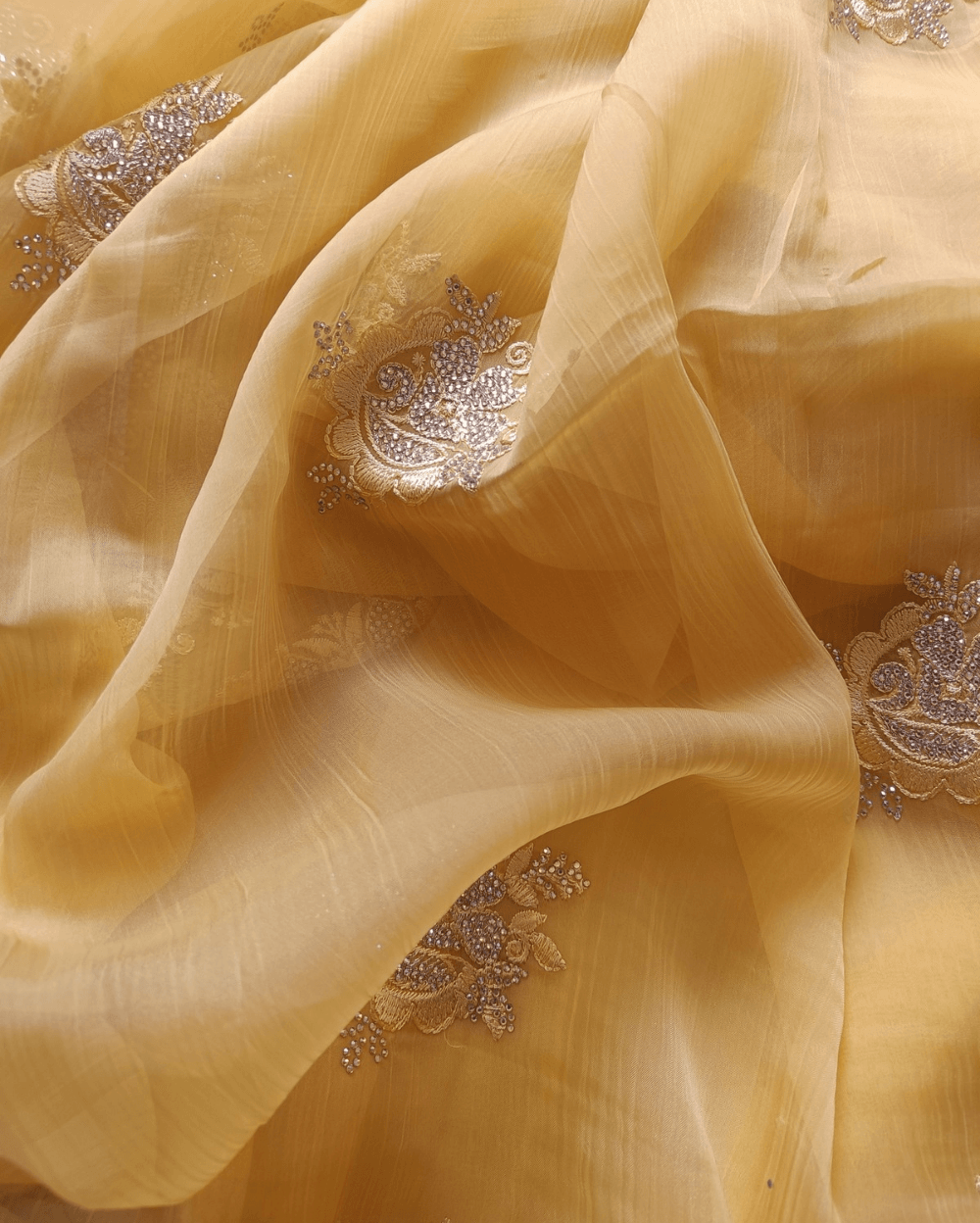 Pastel Yellow Chiffon Saree with Embroidery and Diamond stone work - Image 7