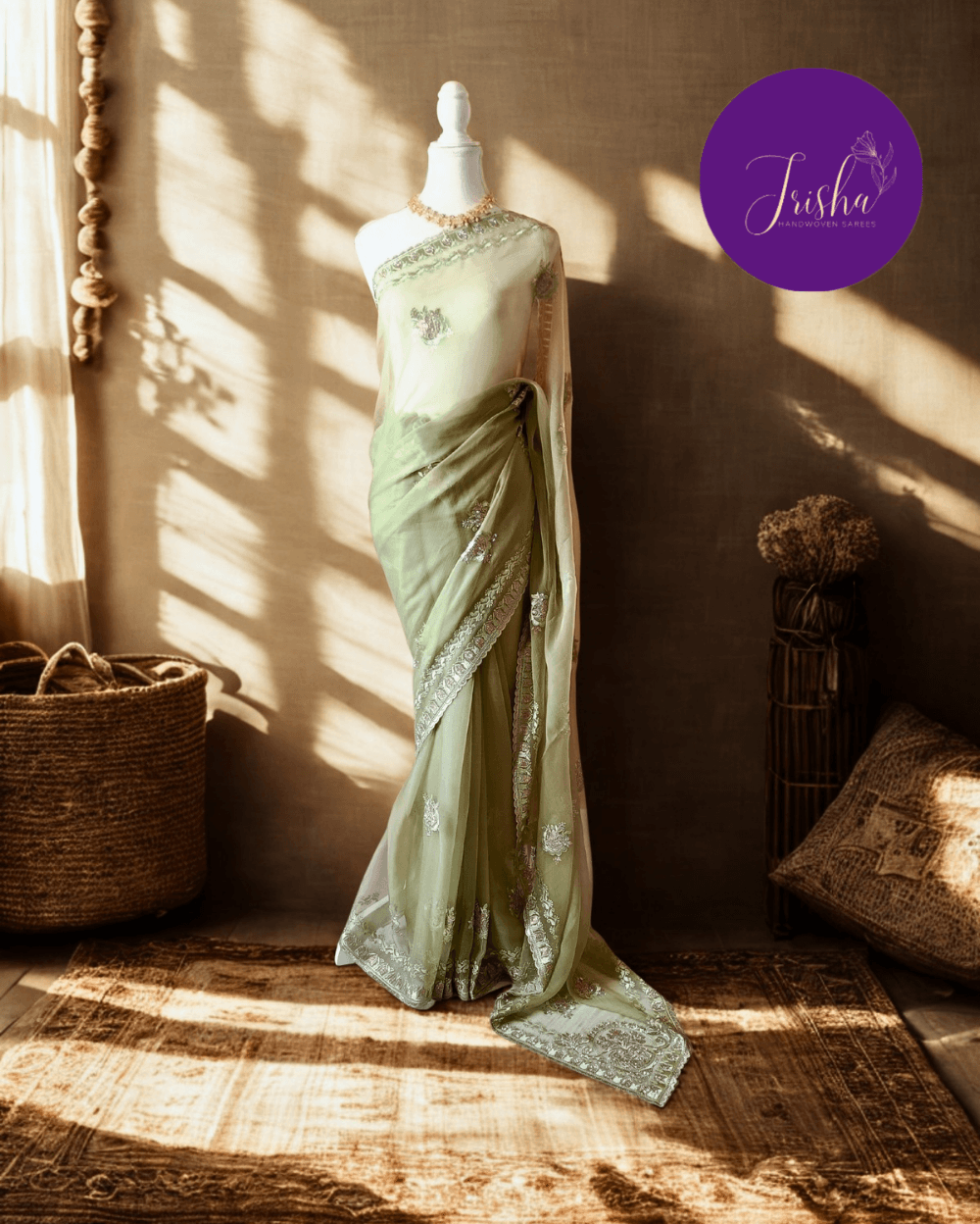 Green Tone with self shade thread embroidery and diamond stone work Chiffon saree. Border throughout the saree and Pallu has rich embroidery and diamond work .The Pallu is beautifully done in a C shape work pattern. The shade has a very pleasant look and and the light embellishments give a complete twist to the subtle look of the saree. Blouse Piece comes with beautiful back design with embroidery and stone work done.