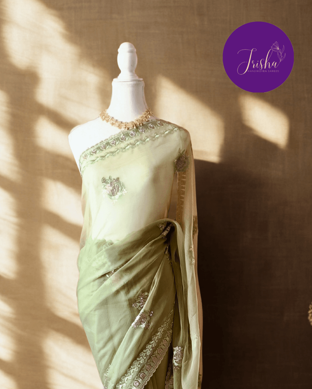 Green Tone with self shade thread embroidery and diamond stone work Chiffon saree. Border throughout the saree and Pallu has rich embroidery and diamond work .The Pallu is beautifully done in a C shape work pattern. The shade has a very pleasant look and and the light embellishments give a complete twist to the subtle look of the saree. Blouse Piece comes with beautiful back design with embroidery and stone work done.
