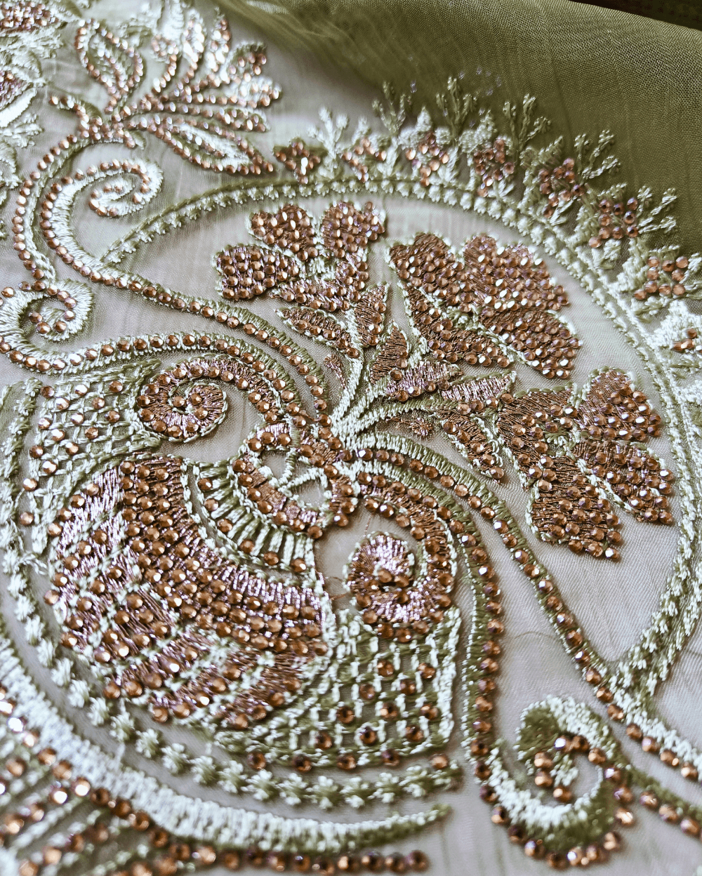 Green Chiffon Saree with Embroidery and Diamond Stone Work - Image 5
