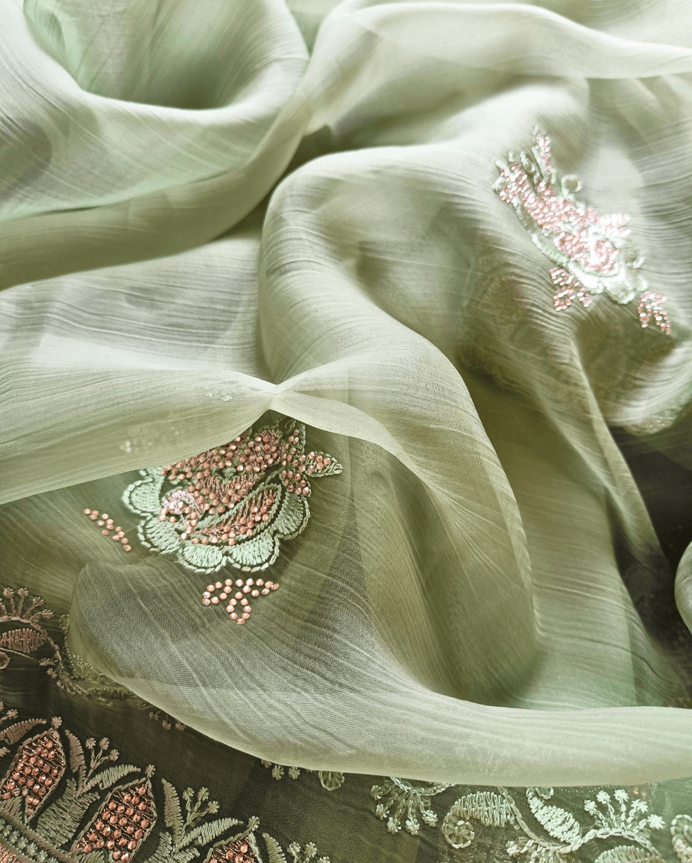 Green Chiffon Saree with Embroidery and Diamond Stone Work - Image 7