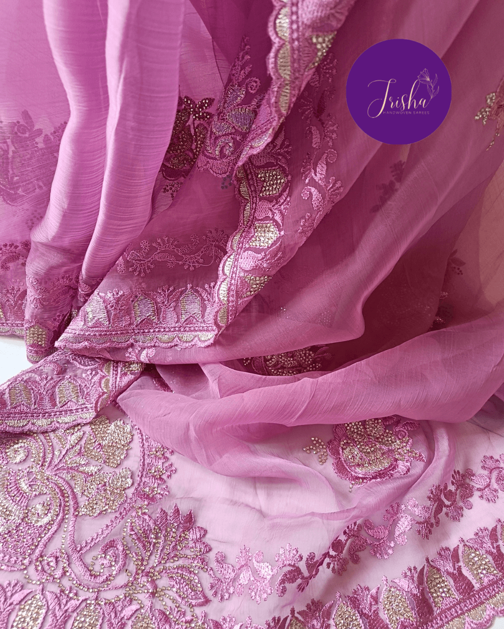 Lilac Chiffon Saree with Embroidery and Diamond Stone Work - Image 4