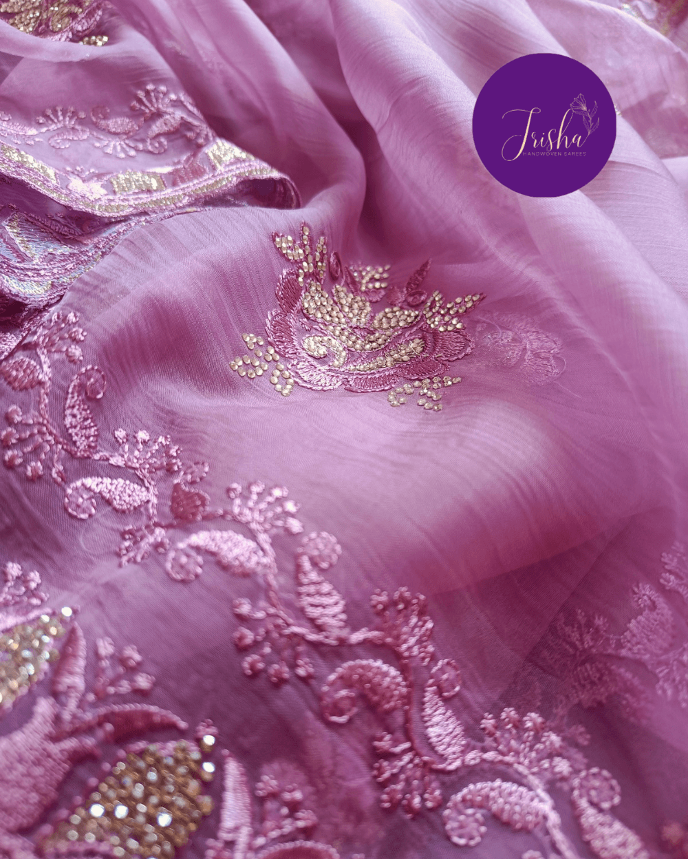 Lilac Chiffon Saree with Embroidery and Diamond Stone Work - Image 7