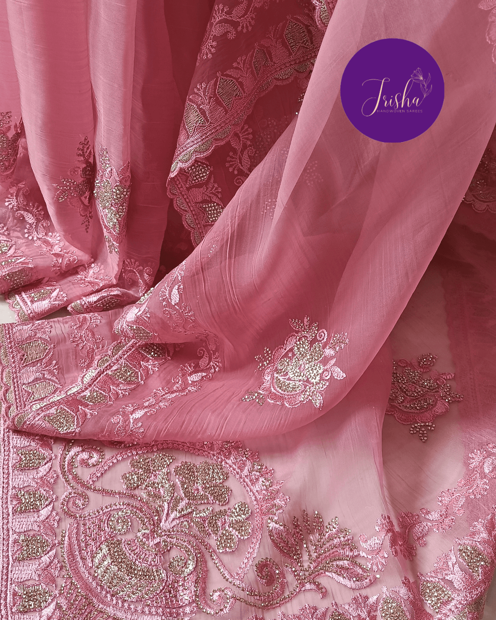 Pink Chiffon Saree with Embroidery and Diamond Stone Work - Image 4