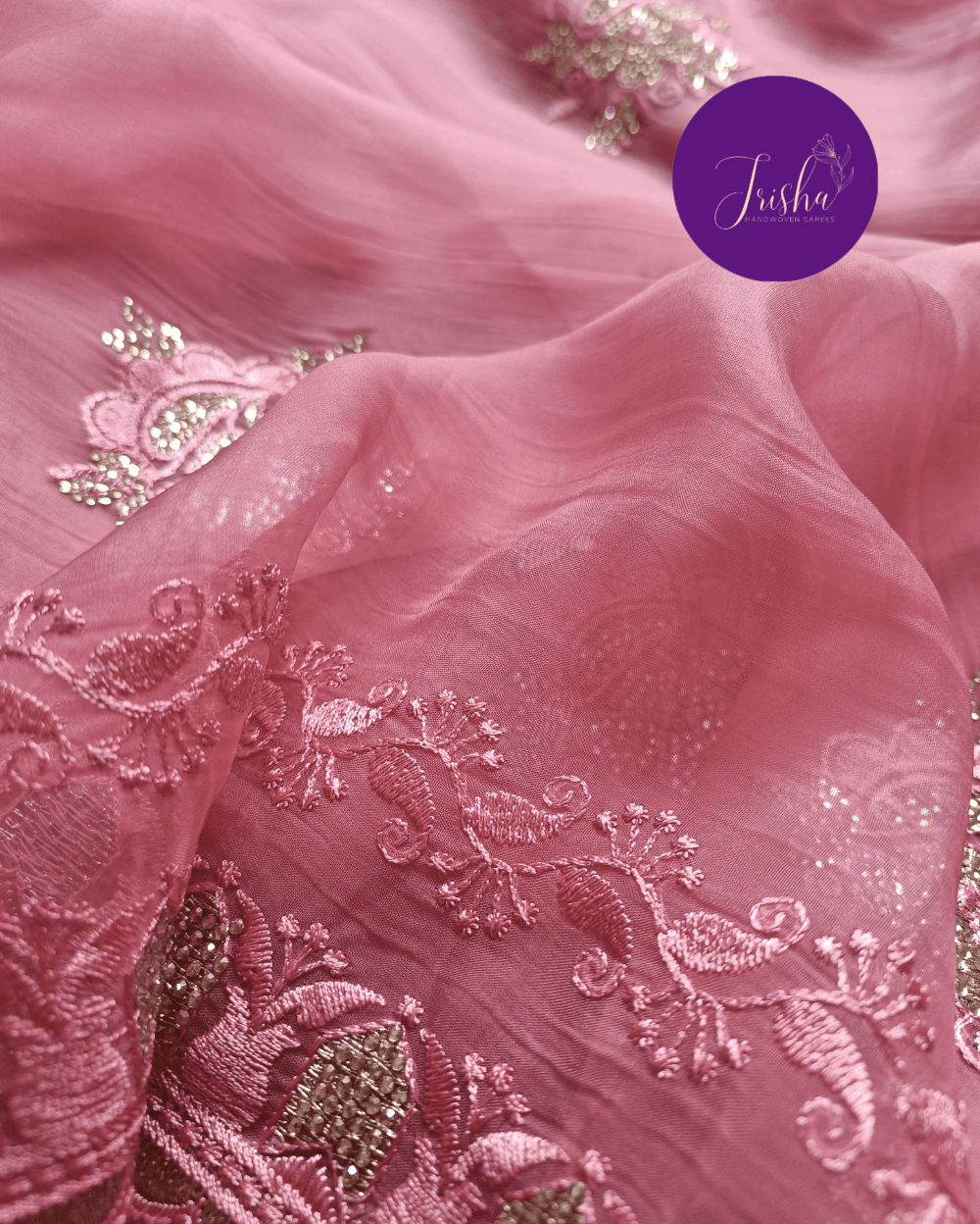 Pink Chiffon Saree with Embroidery and Diamond Stone Work - Image 7
