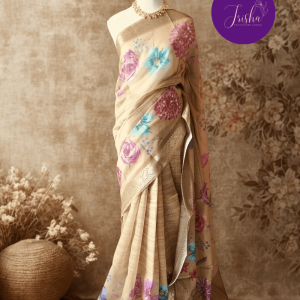 Chanderi Saree silk cotton in Pleasant Golden Beige/ Tussar shade with soft digital prints , pallu filled with floral printed patterns. These sarees have a very elegant silver border with floral motifs. Saree comes with a blouse piece in small floral prints. Texture is Very soft and has a slight shine .Easy to drape and will stay as it is.