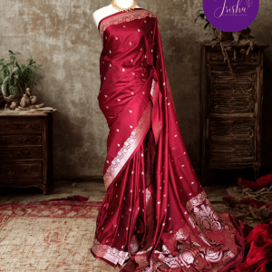Banarasi Mashru Katan Silk saree in Deep Maroon with small buttis all over the saree. The Rose Gold zari makes the finish very royal and elegant. Saree has a very beautiful traditional border and a very rich pallu that makes the usage of this saree suit any occasion or formal wear. The Pallu is attractively designed and woven with intricate Banarasi floral motifs.