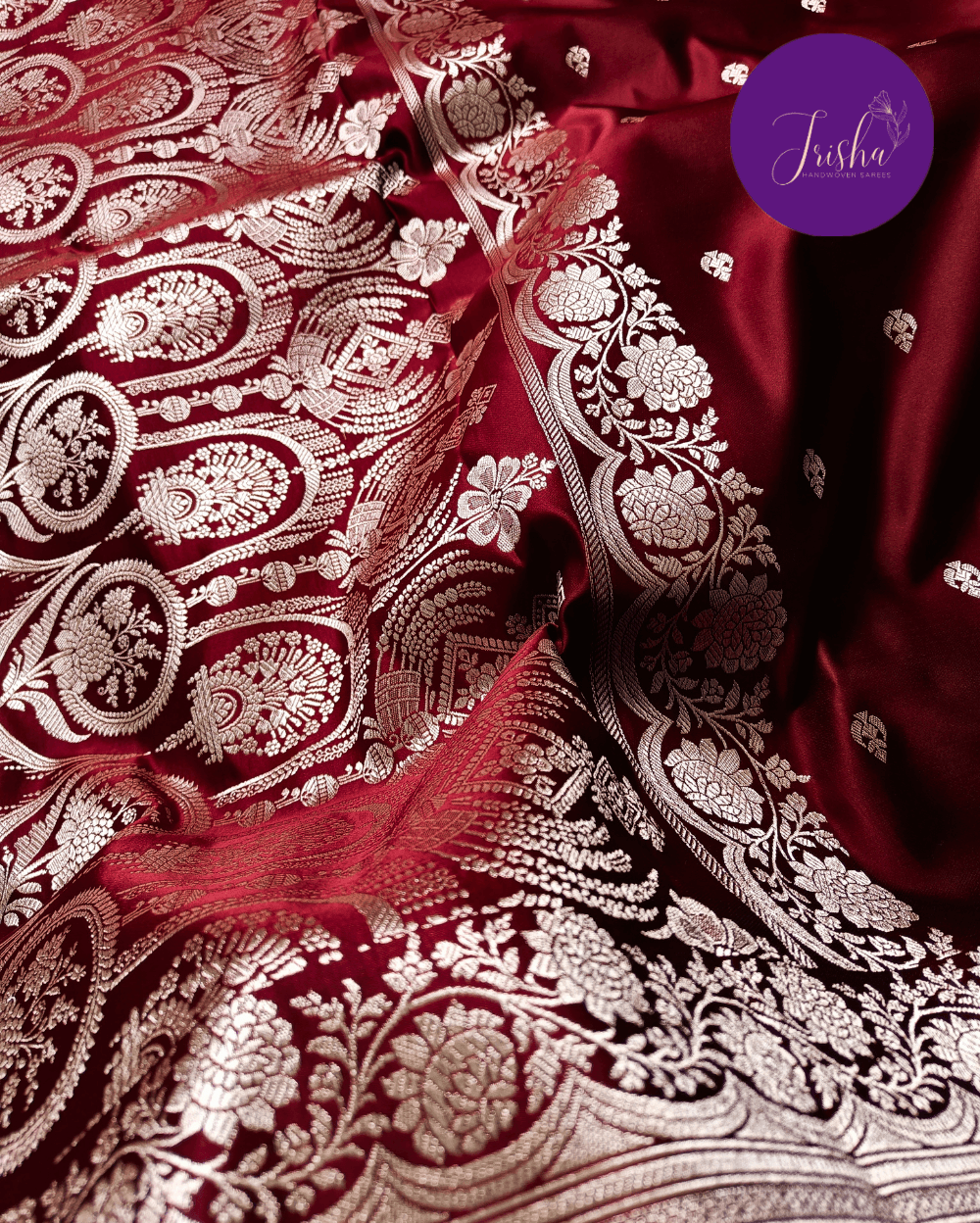 Banarasi Mashru Katan Silk Saree Maroon Color and Small Buttis - Image 5
