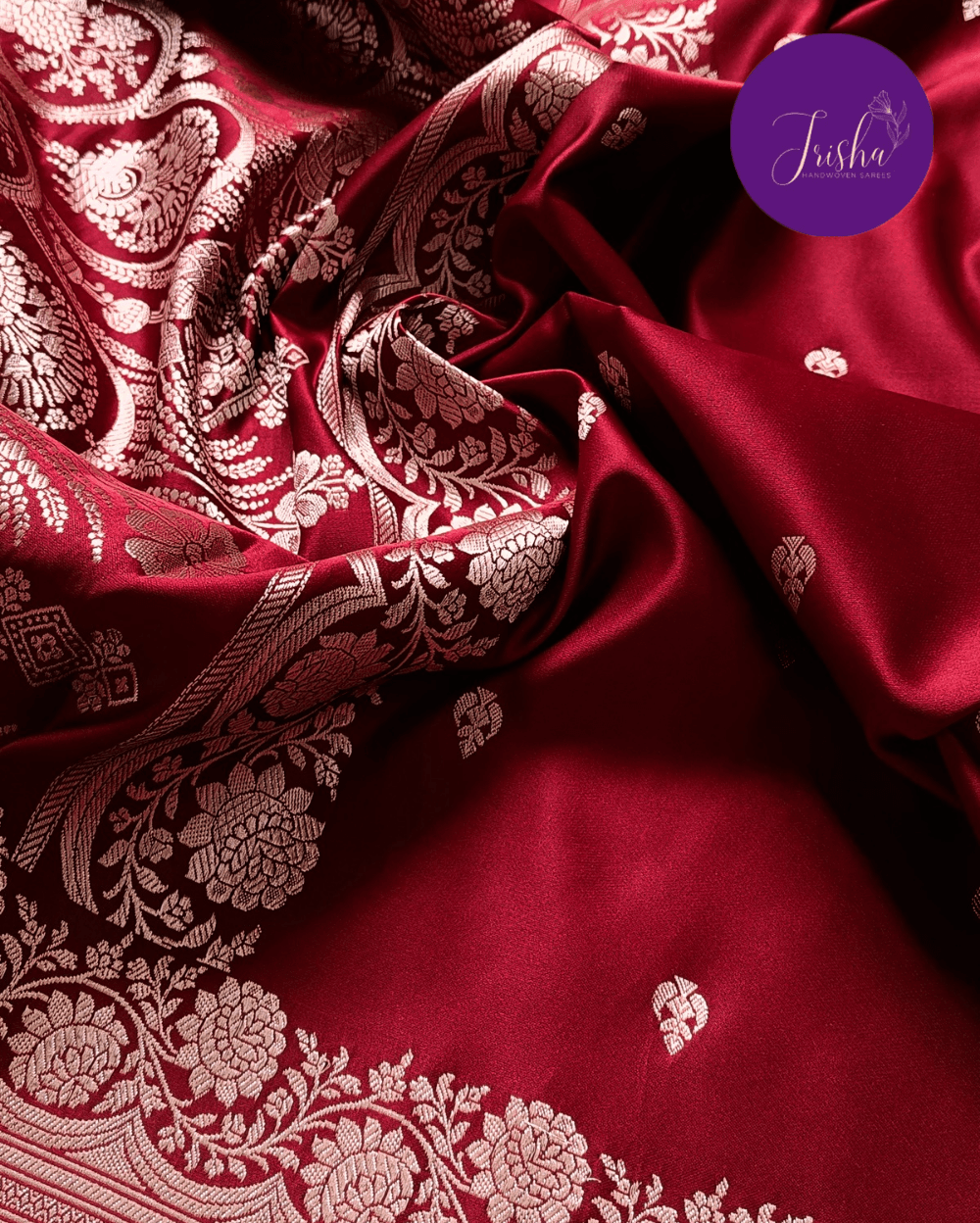 Banarasi Mashru Katan Silk Saree Maroon Color and Small Buttis - Image 6