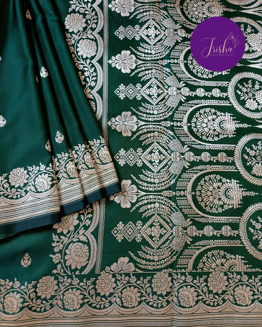 Banarasi Mashru Katan Silk Saree Green and Small Buttis - Image 5