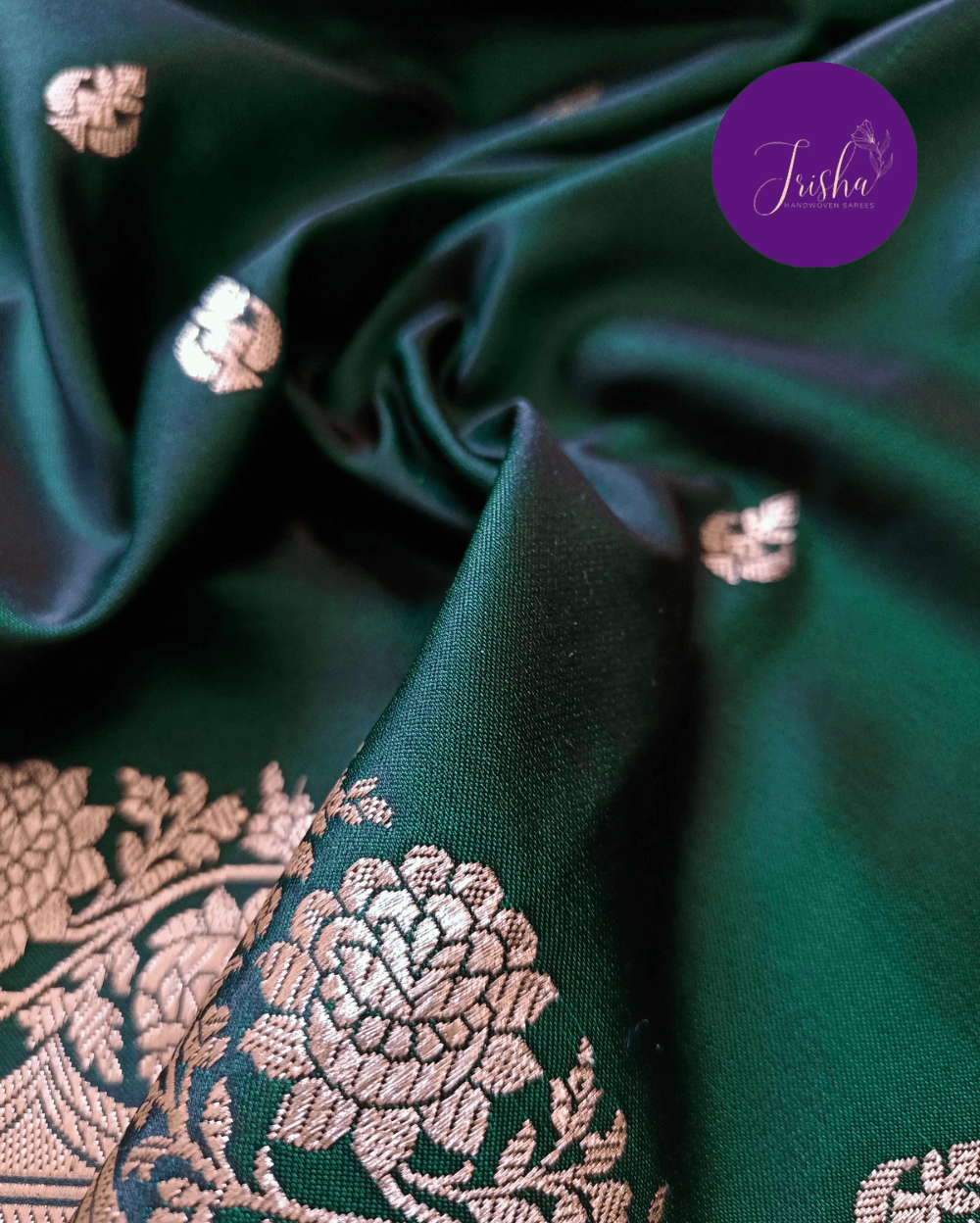 Banarasi Mashru Katan Silk Saree Green and Small Buttis - Image 7