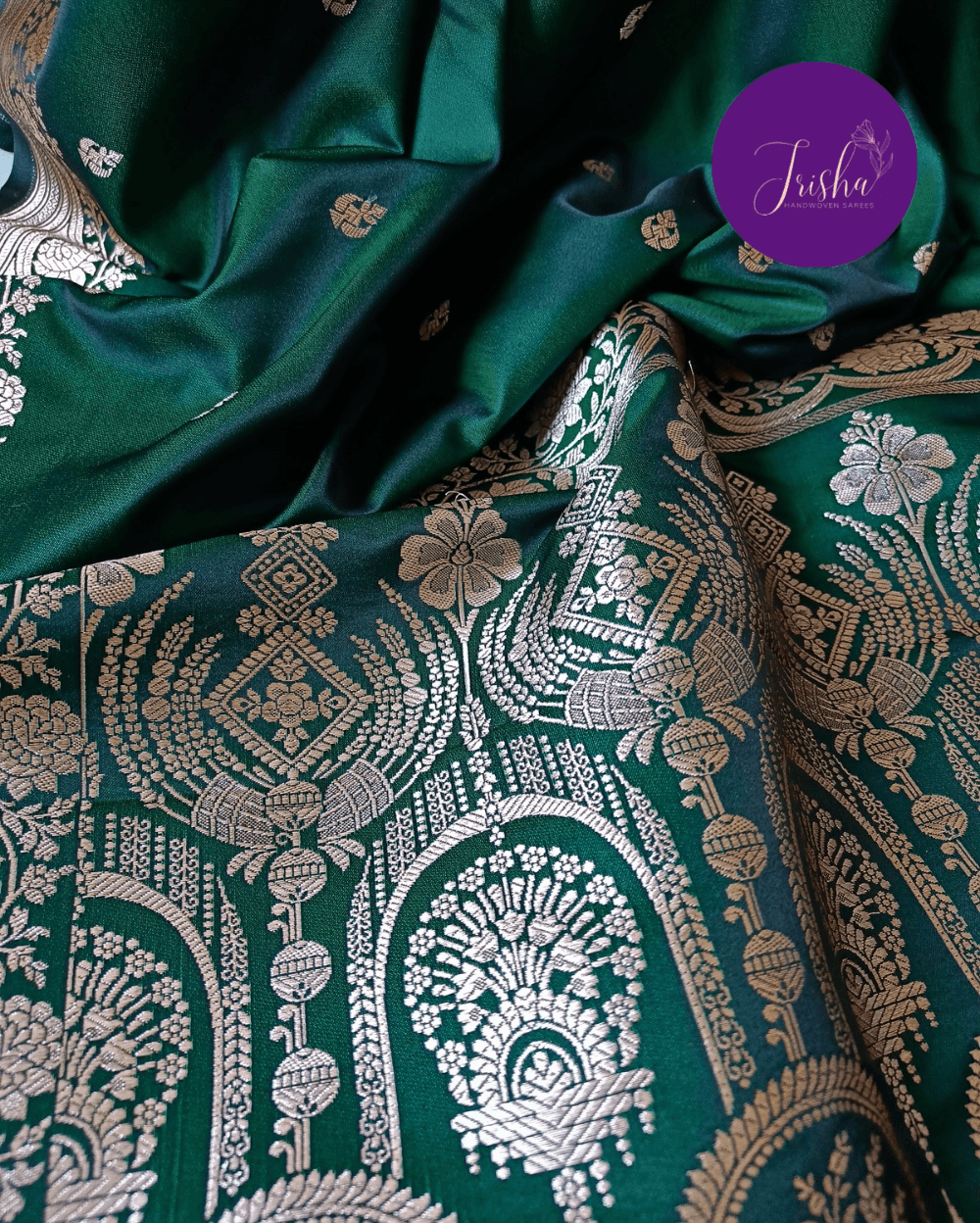 Banarasi Mashru Katan Silk Saree Green and Small Buttis - Image 8