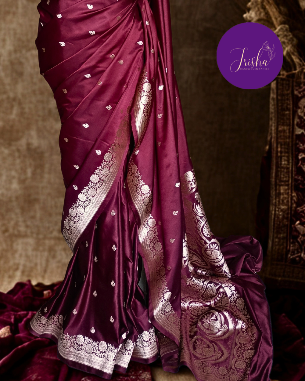Banarasi Mashru Katan Silk Saree Dark Maroon Color and Small Buttis - Image 3