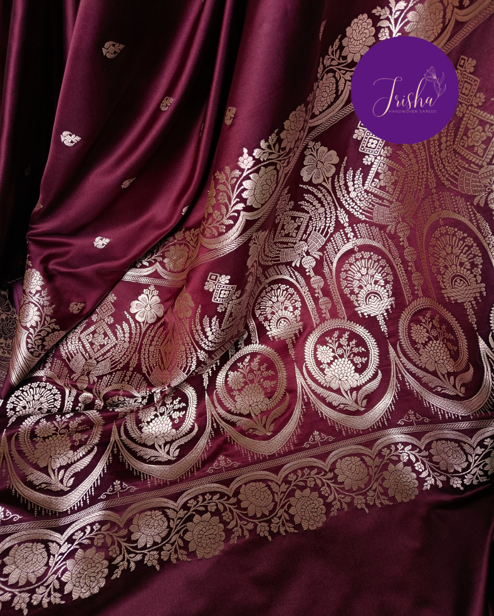 Banarasi Mashru Katan Silk Saree Dark Maroon Color and Small Buttis - Image 5
