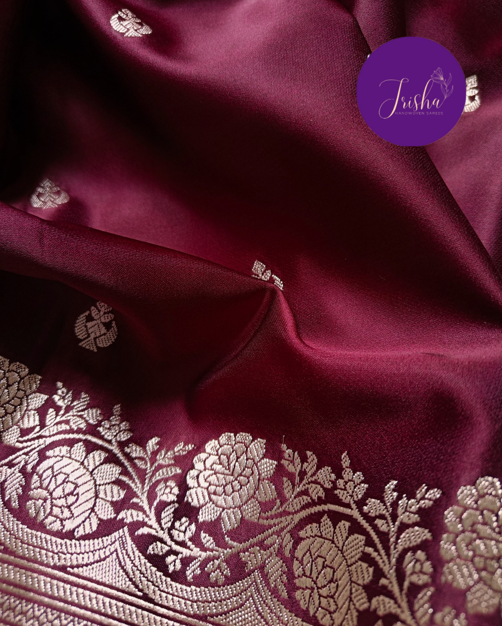 Banarasi Mashru Katan Silk Saree Dark Maroon Color and Small Buttis - Image 6