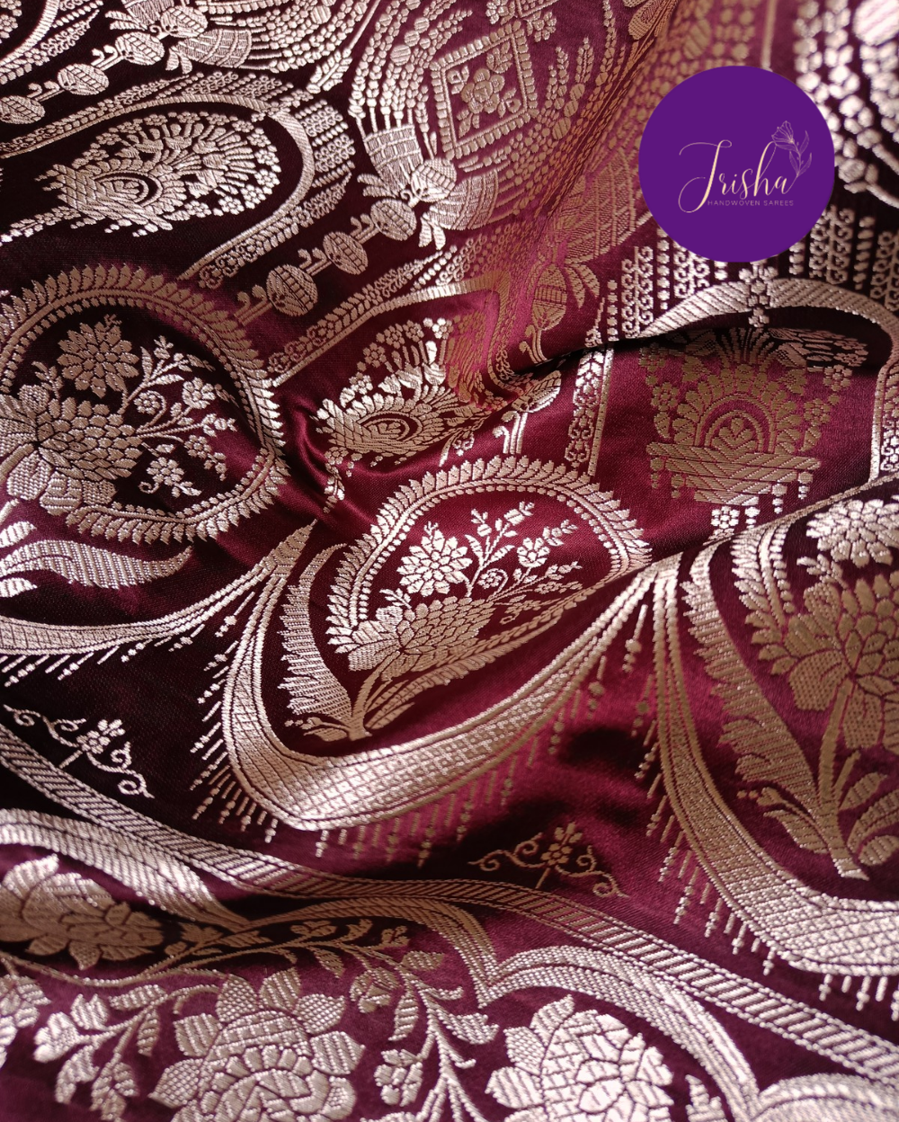 Banarasi Mashru Katan Silk Saree Dark Maroon Color and Small Buttis - Image 7