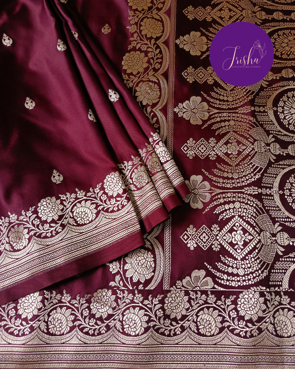 Banarasi Mashru Katan Silk Saree Dark Maroon Color and Small Buttis - Image 8