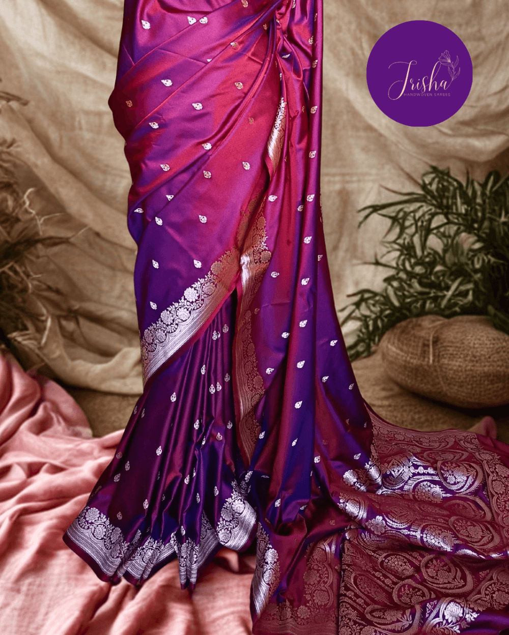 Banarasi Mashru Katan Silk Saree Pink Purple Dual Tone and Small Buttis - Image 3