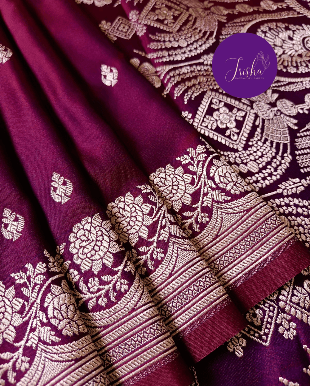Banarasi Mashru Katan Silk Saree Pink Purple Dual Tone and Small Buttis - Image 6
