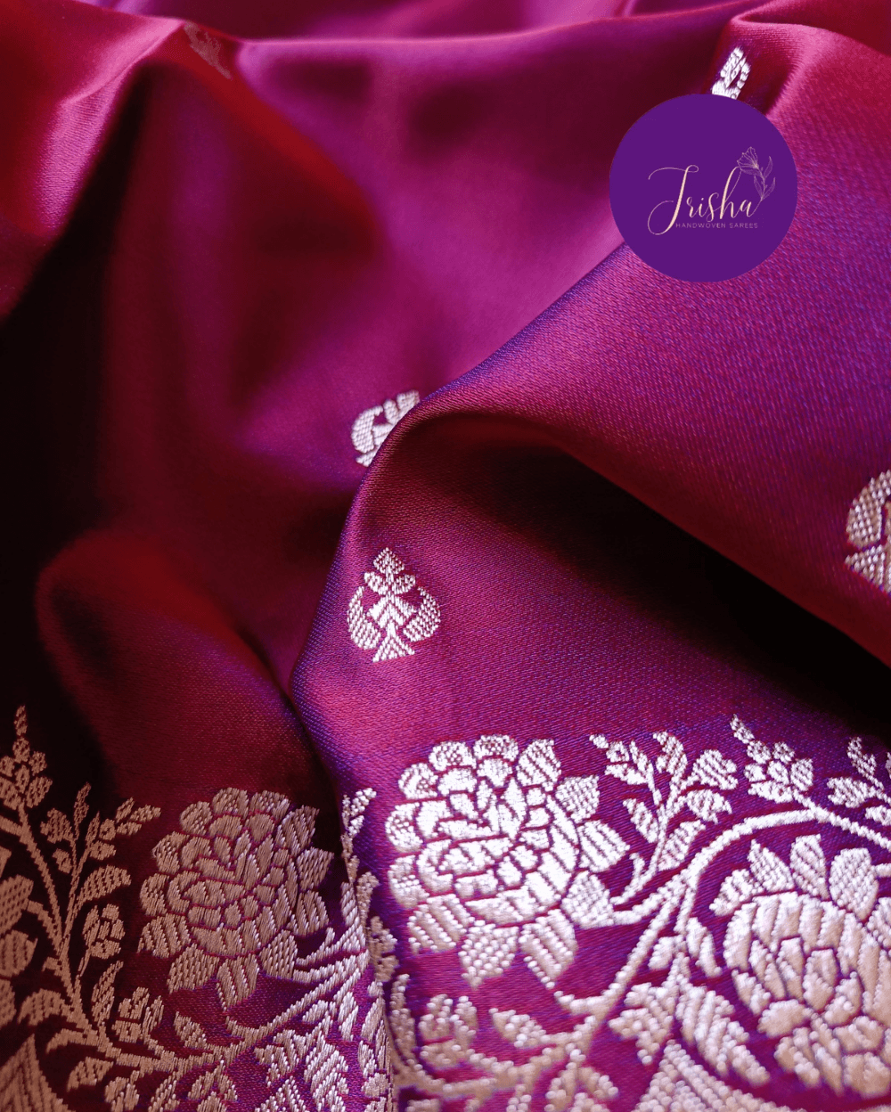 Banarasi Mashru Katan Silk Saree Pink Purple Dual Tone and Small Buttis - Image 7