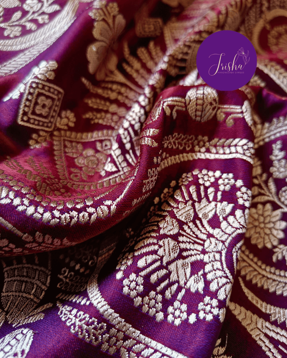 Banarasi Mashru Katan Silk Saree Pink Purple Dual Tone and Small Buttis - Image 8
