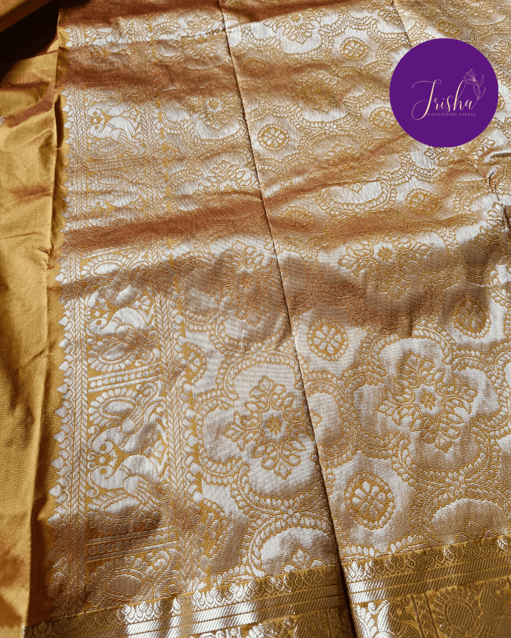 Kanchipuram / Kanjivaram Silk Saree Mustard Yellow dual tone with Brick Red Selvedge - Image 6